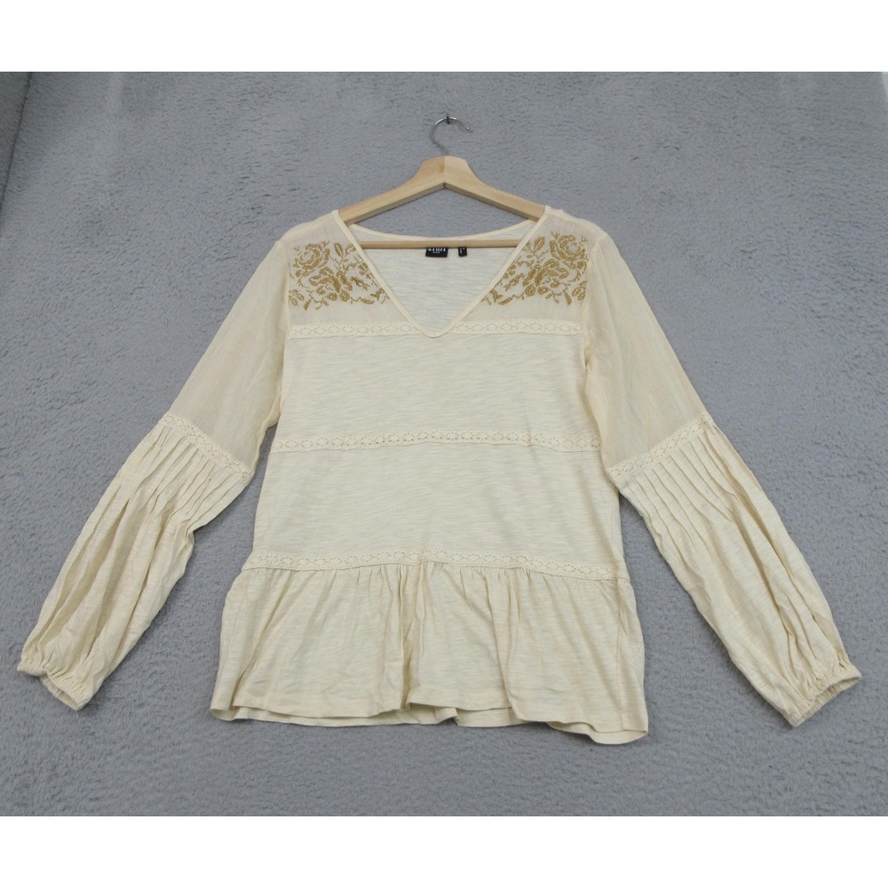 Cruel Denim Boho Shirt Womens Medium White Embroidered Floral Peplum Tunic Top